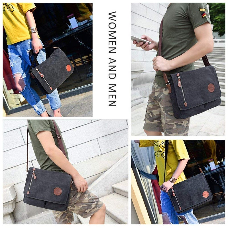 AUGUR Messenger Bag,Casual Shoulder Sling Bag Canvas Satchel Bag Crossbody Bags for Men Work Office Laptop Bag fit 13 inch - Black - Image 2
